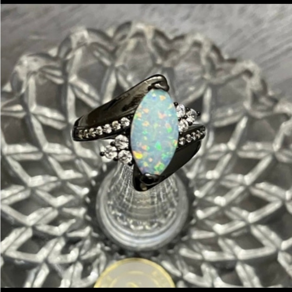 White Opalescent Zircon inlaid Black Pewter Custom Color Ring